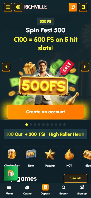 Richville Casino home page on a mobile device