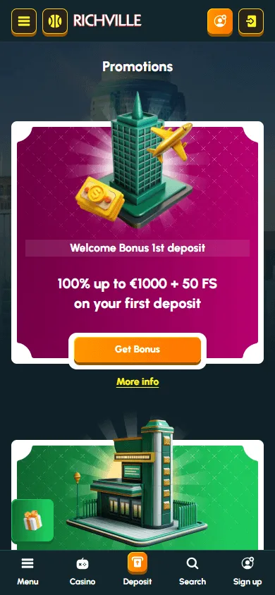 Richville Casino promotions area on a mobile device