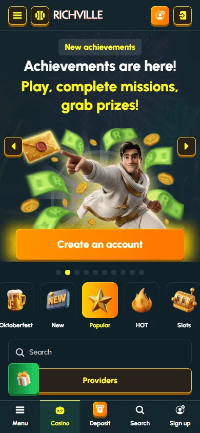 Richville Casino games area on a mobile device